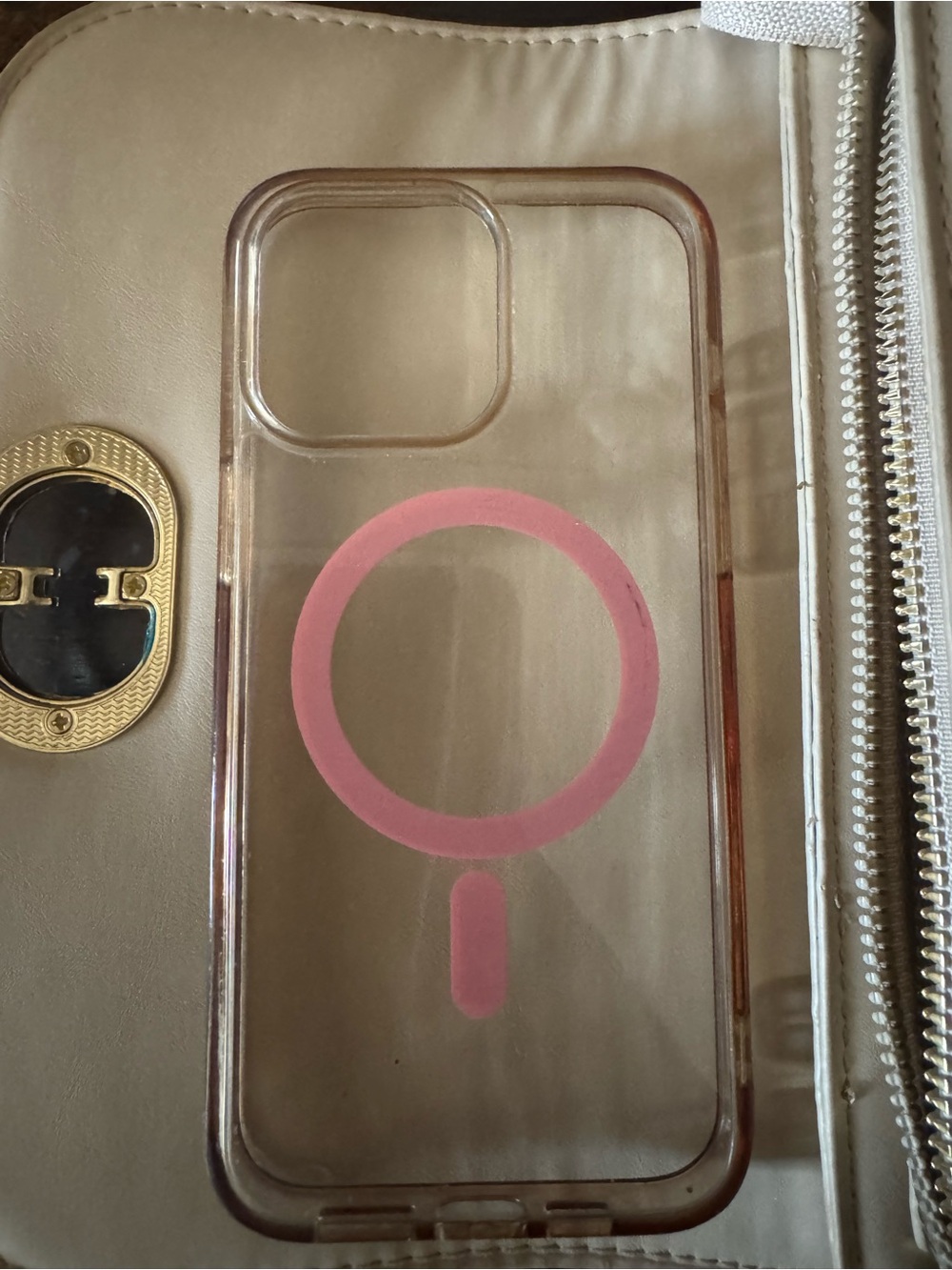 Clear Phone Case with Pink MagSafe Ring - iPhone 15 Pro Max